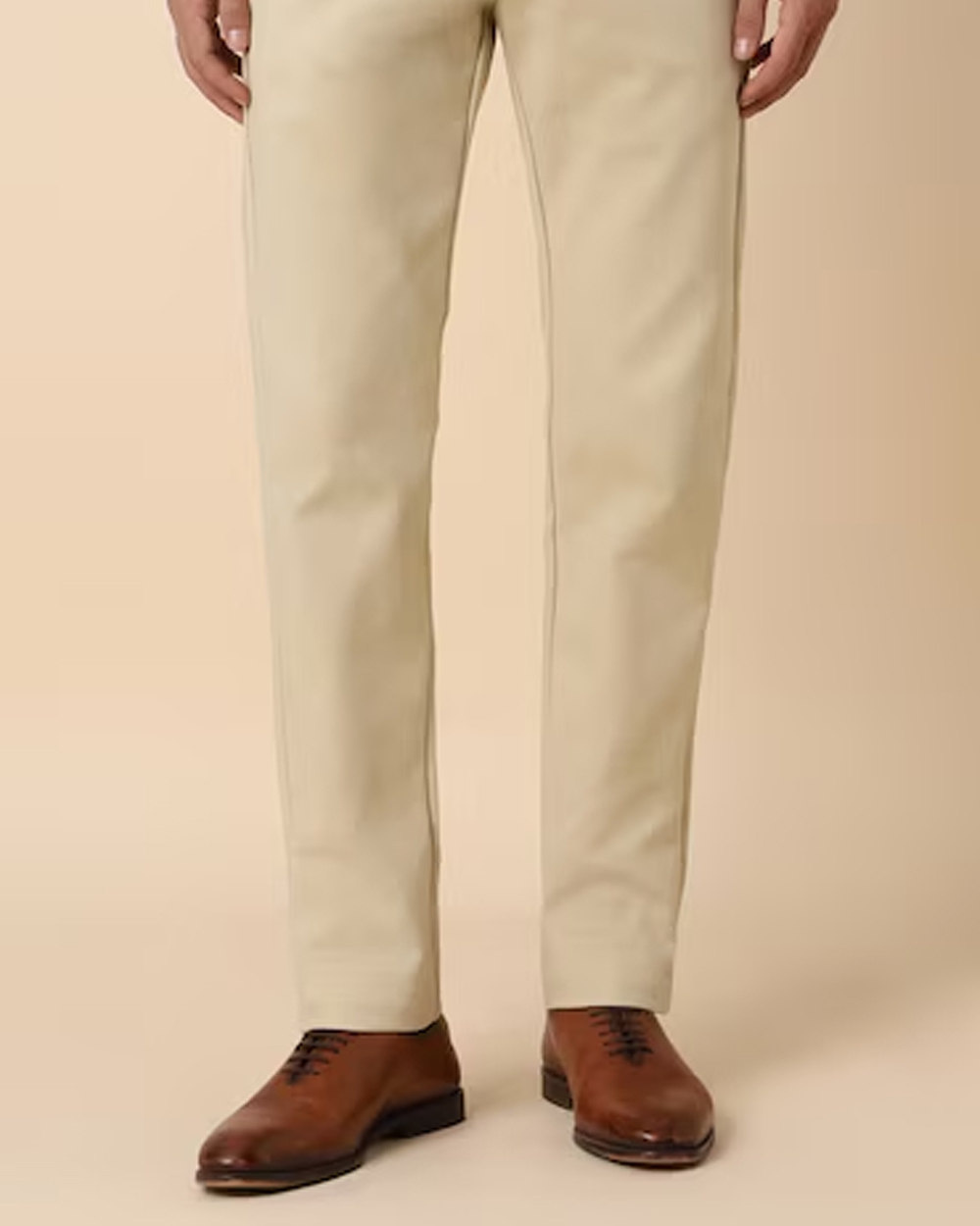 Men Cream Slim Fit Solid Formal Trousers
